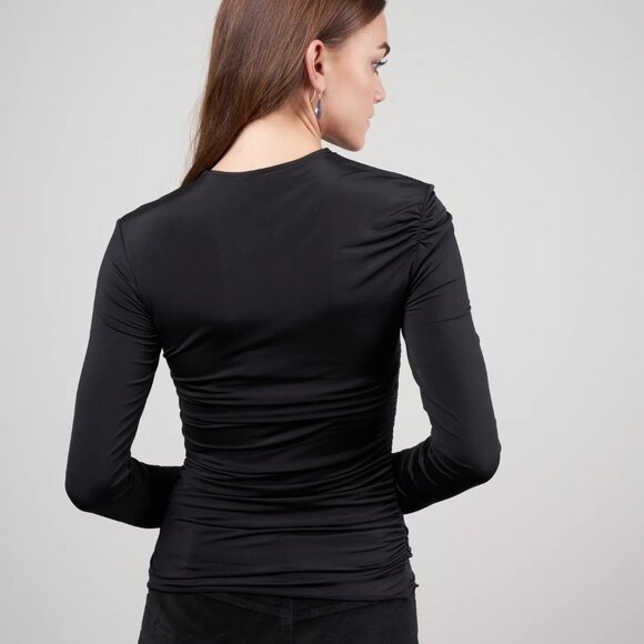 Tibi Ruched Jersey Crewneck Top in Black - Picture 3 of 7